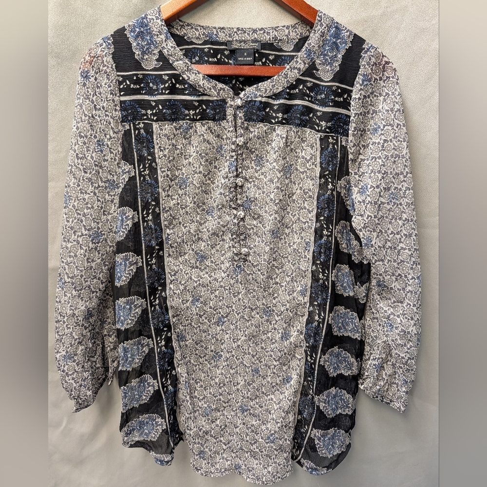 Lucky Brand Blue and White Floral Sheer Blouse Size S